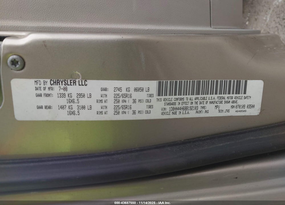 2008 DODGE GRAND CARAVAN SE VIN: 1D8HN44H68B192103