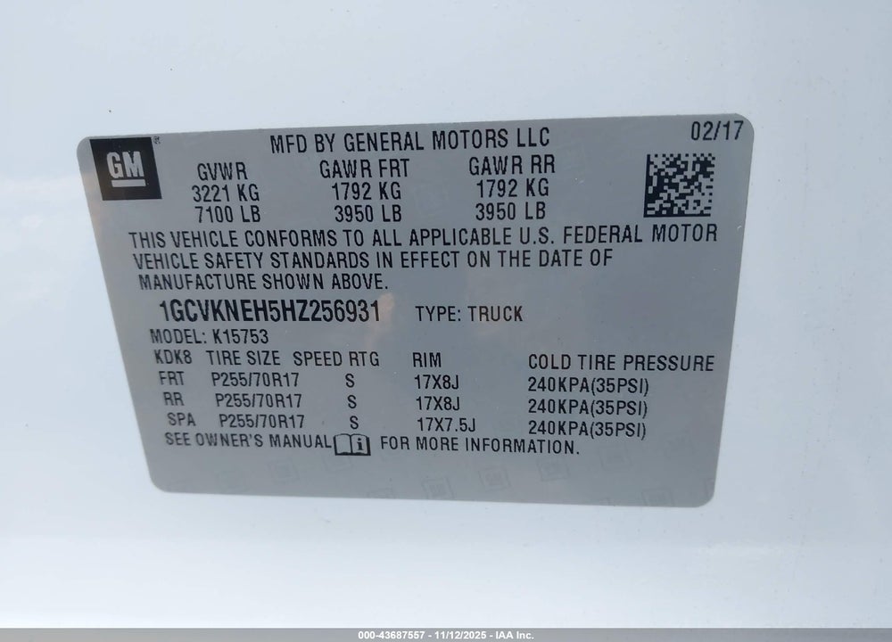 2017 CHEVROLET SILVERADO 1500 WT VIN: 1GCVKNEH5HZ256931