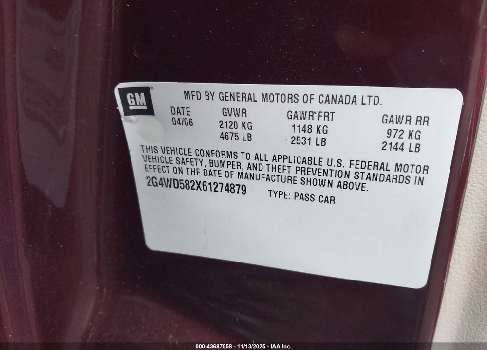 2006 BUICK LACROSSE CXL VIN: 2G4WD582X61274879