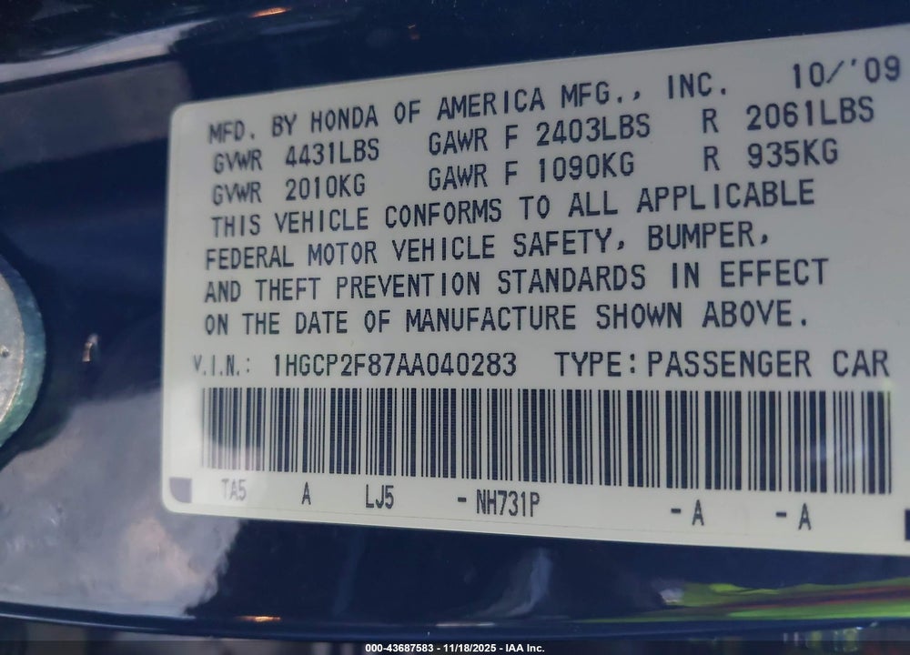 2010 HONDA ACCORD 2.4 EX-L VIN: 1HGCP2F87AA040283
