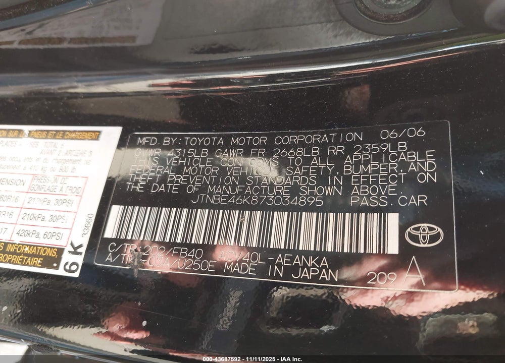 2007 TOYOTA CAMRY LE VIN: JTNBE46K873034895