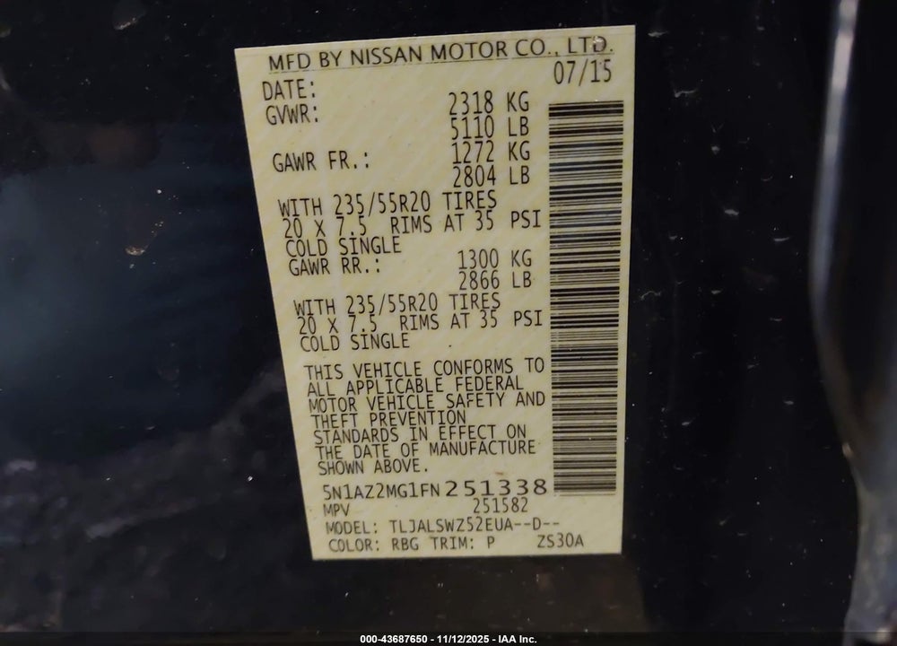 2015 NISSAN MURANO PLATINUM VIN: 5N1AZ2MG1FN251338