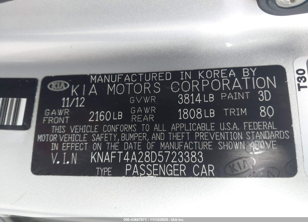 2013 KIA FORTE LX VIN: KNAFT4A28D5723383