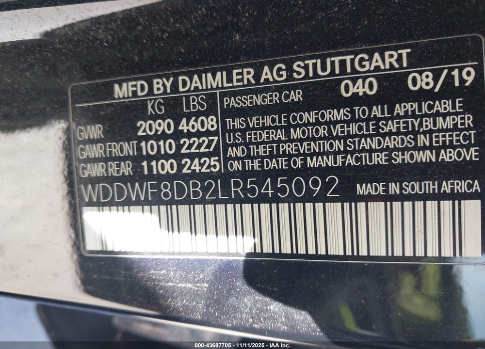 2020 MERCEDES-BENZ C CLASS VIN: WDDWF8DB2LR545092