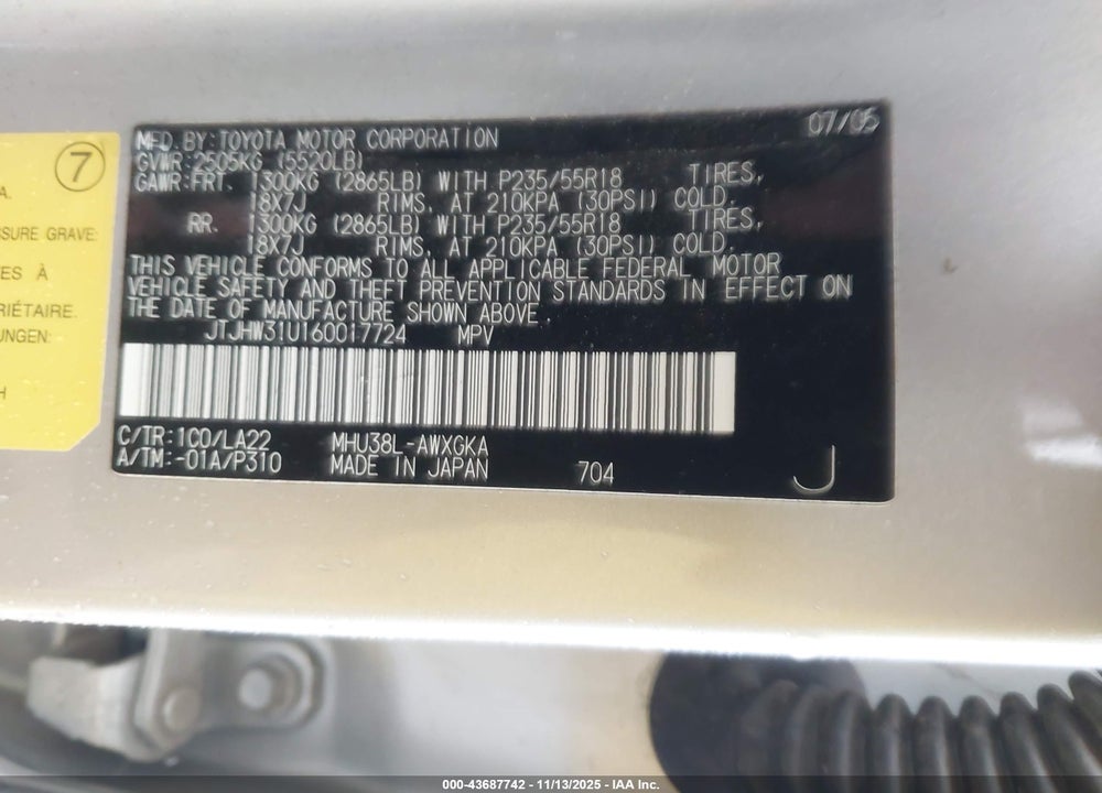 2006 LEXUS RX 400H VIN: JTJHW31U160017724