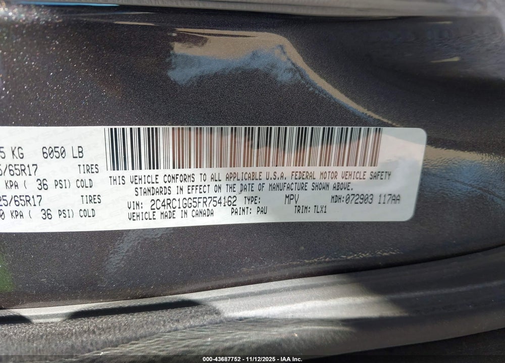 2015 CHRYSLER TOWN & COUNTRY LIMITED PLATINUM VIN: 2C4RC1GG5FR754162