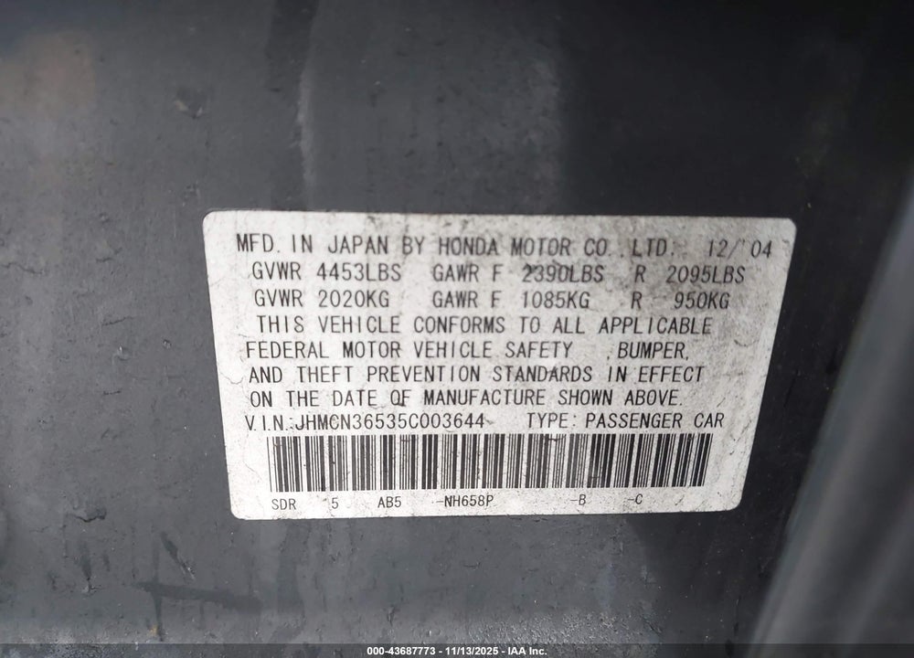 2005 HONDA ACCORD HYBRID VIN: JHMCN36535C003644