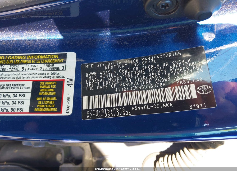 2011 TOYOTA CAMRY LE VIN: 4T1BF3EK9BU653789