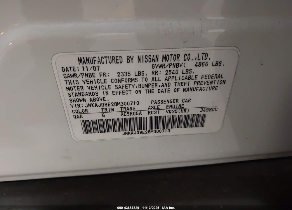 2008 INFINITI EX35 JOURNEY VIN: JNKAJ09E28M300710