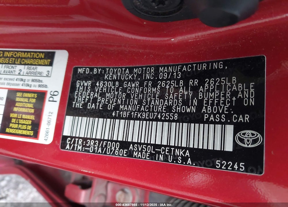 2014 TOYOTA CAMRY VIN: 4T1BF1FK9EU742558