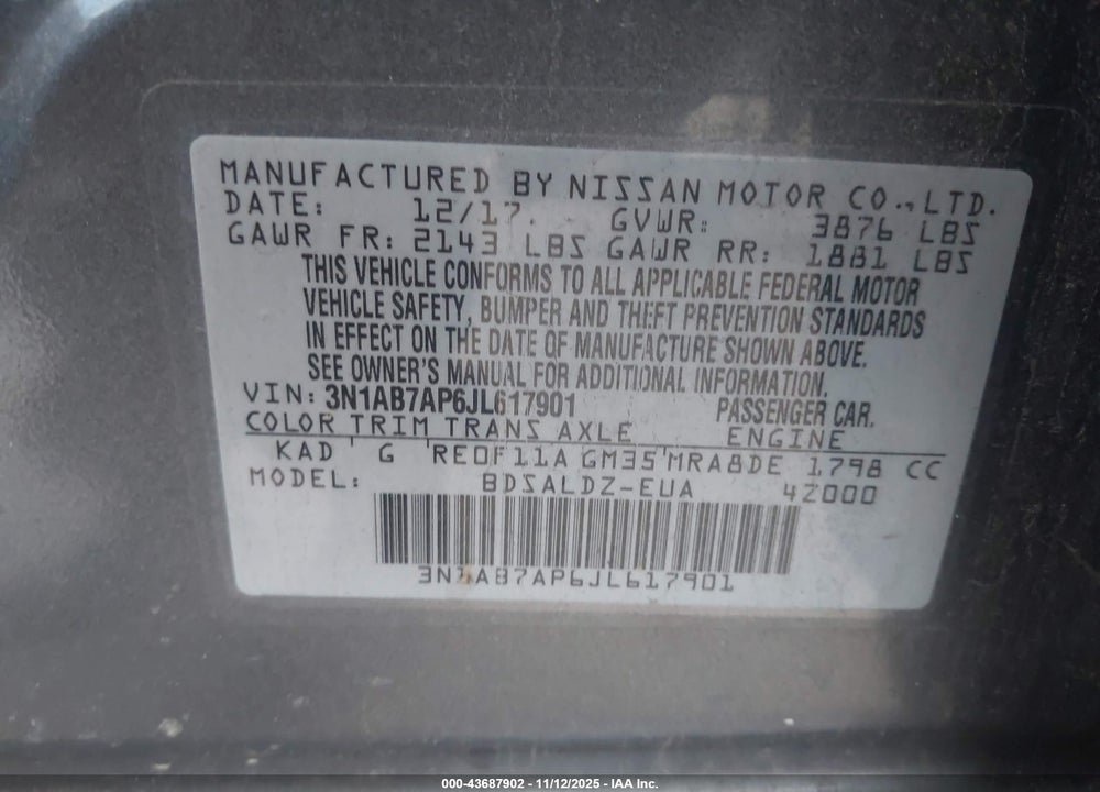 2018 NISSAN SENTRA SV VIN: 3N1AB7AP6JL617901
