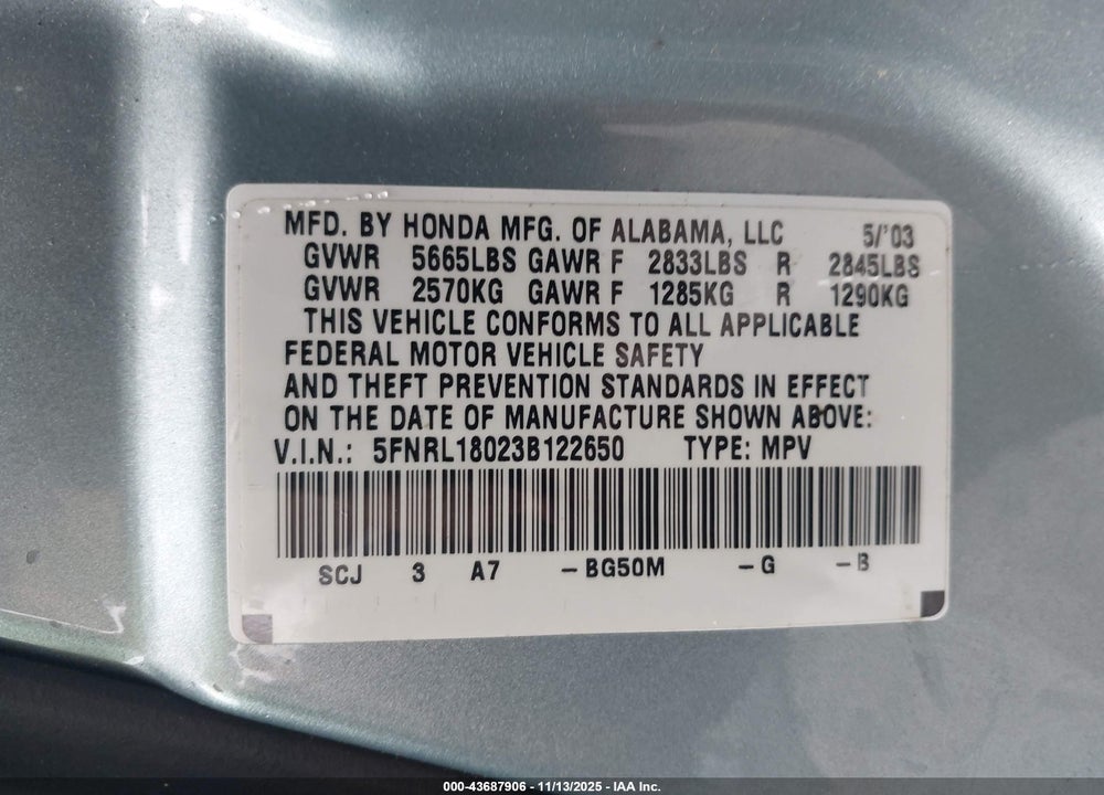 2003 HONDA ODYSSEY EX-L VIN: 5FNRL18023B122650