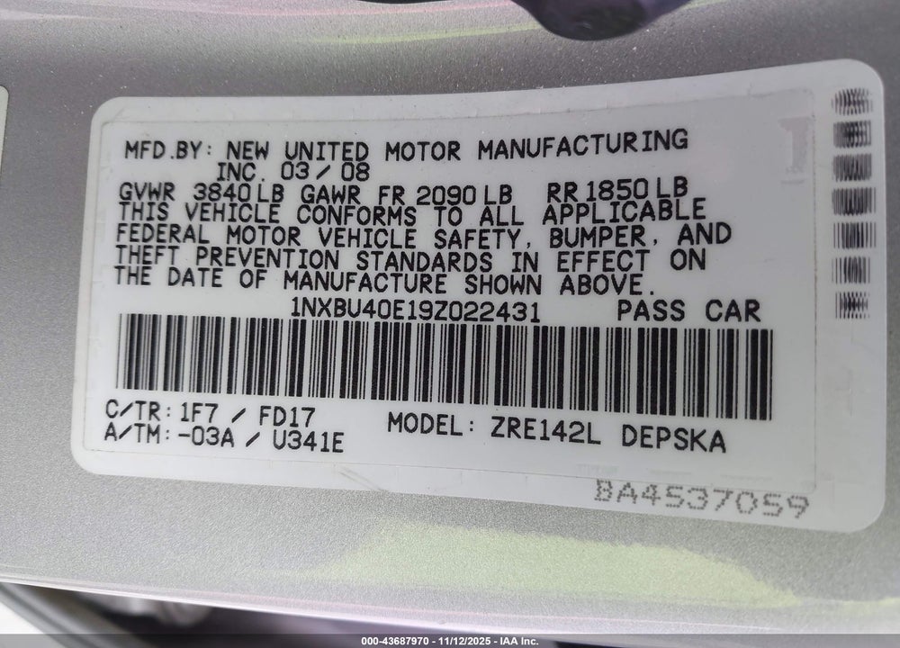 2009 TOYOTA COROLLA S VIN: 1NXBU40E19Z022431