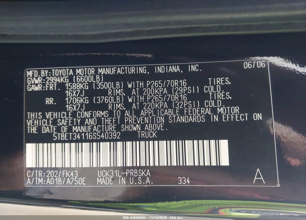 2006 TOYOTA TUNDRA SR5 V8 VIN: 5TBET34116S540392