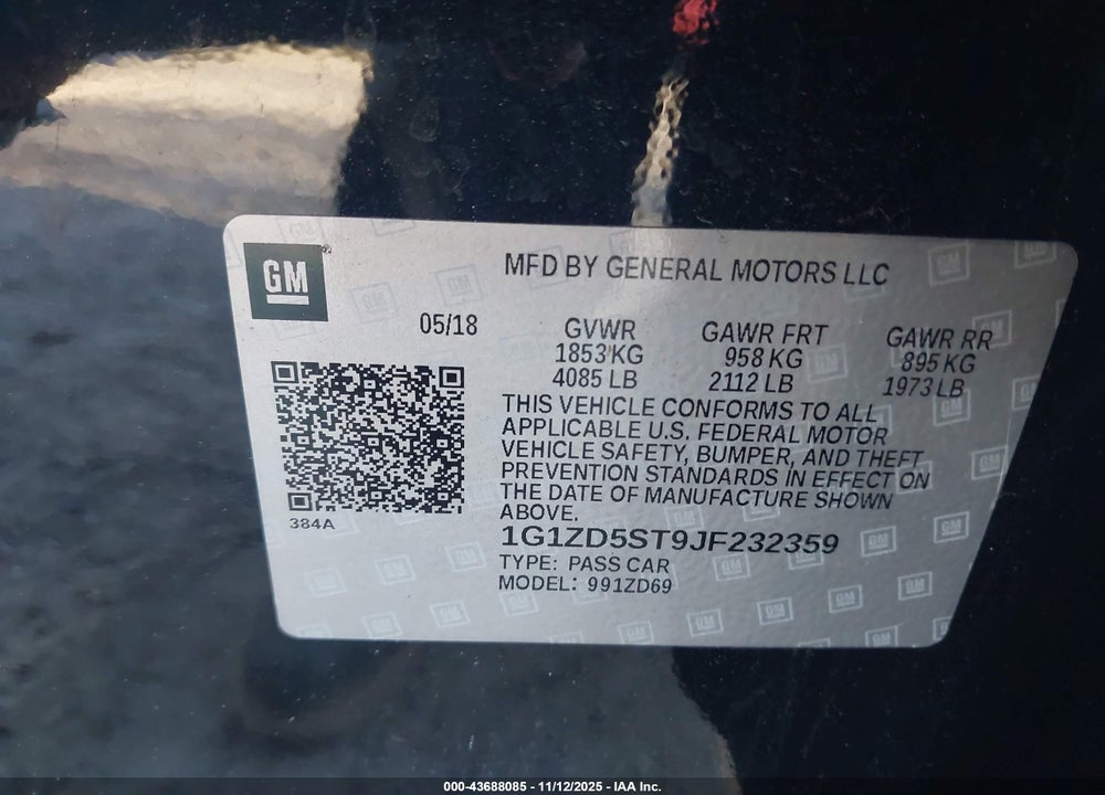 2018 CHEVROLET MALIBU LT VIN: 1G1ZD5ST9JF232359