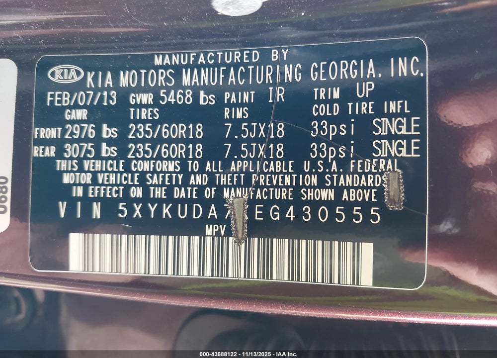 2014 KIA SORENTO EX V6 VIN: 5XYKUDA7XEG430555