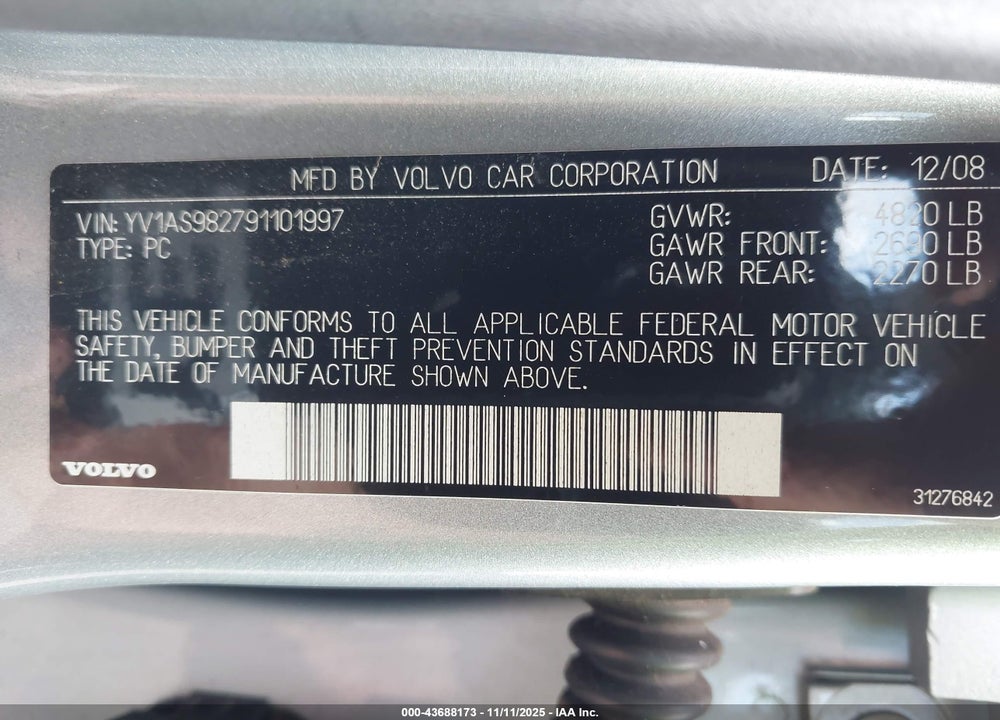 2009 VOLVO S80 3.2 VIN: YV1AS982791101997