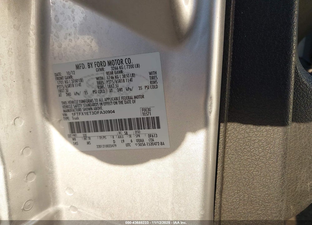 2013 FORD F-150 XLT VIN: 1FTFX1ET3DFA30904