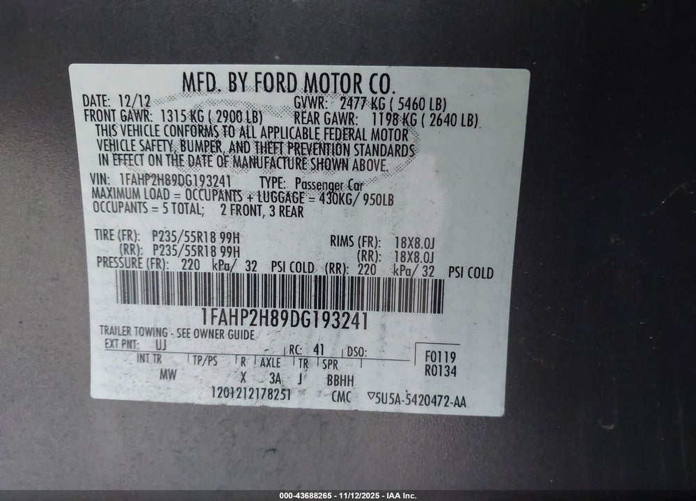 2013 FORD TAURUS SEL VIN: 1FAHP2H89DG193241