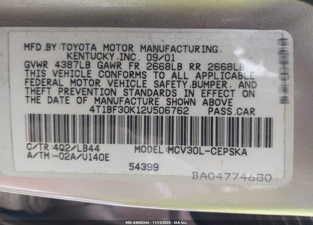 2002 TOYOTA CAMRY SE V6 VIN: 4T1BF30K12U506762