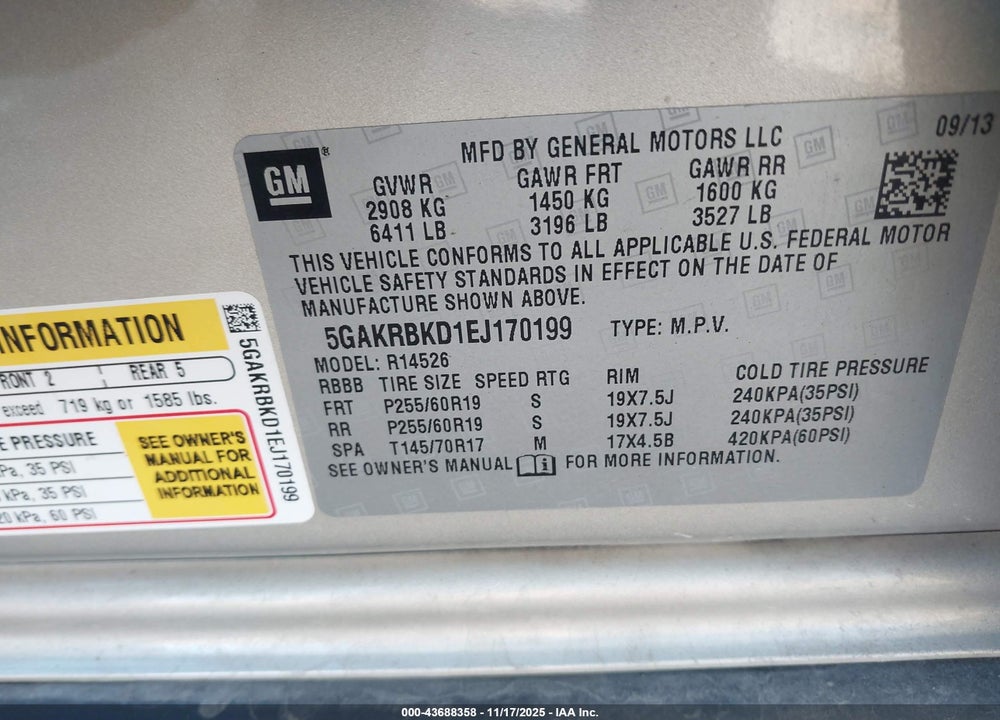 2014 BUICK ENCLAVE LEATHER VIN: 5GAKRBKD1EJ170199