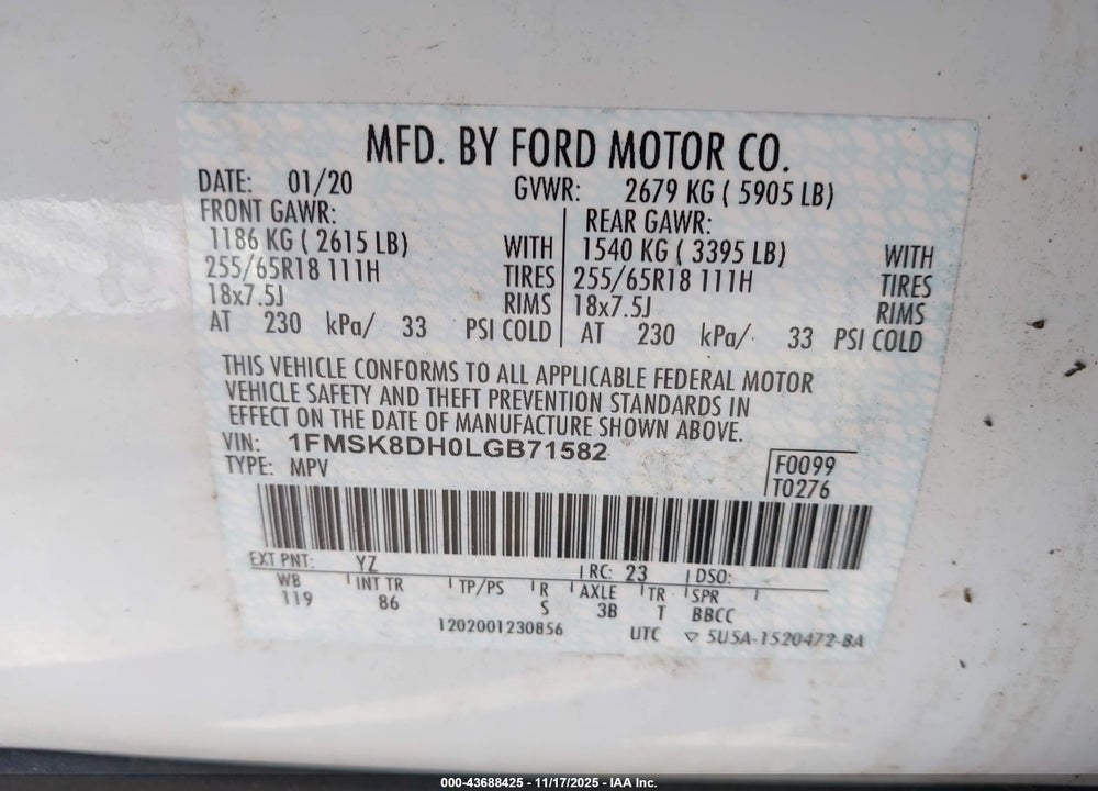 2020 FORD EXPLORER XLT VIN: 1FMSK8DH0LGB71582