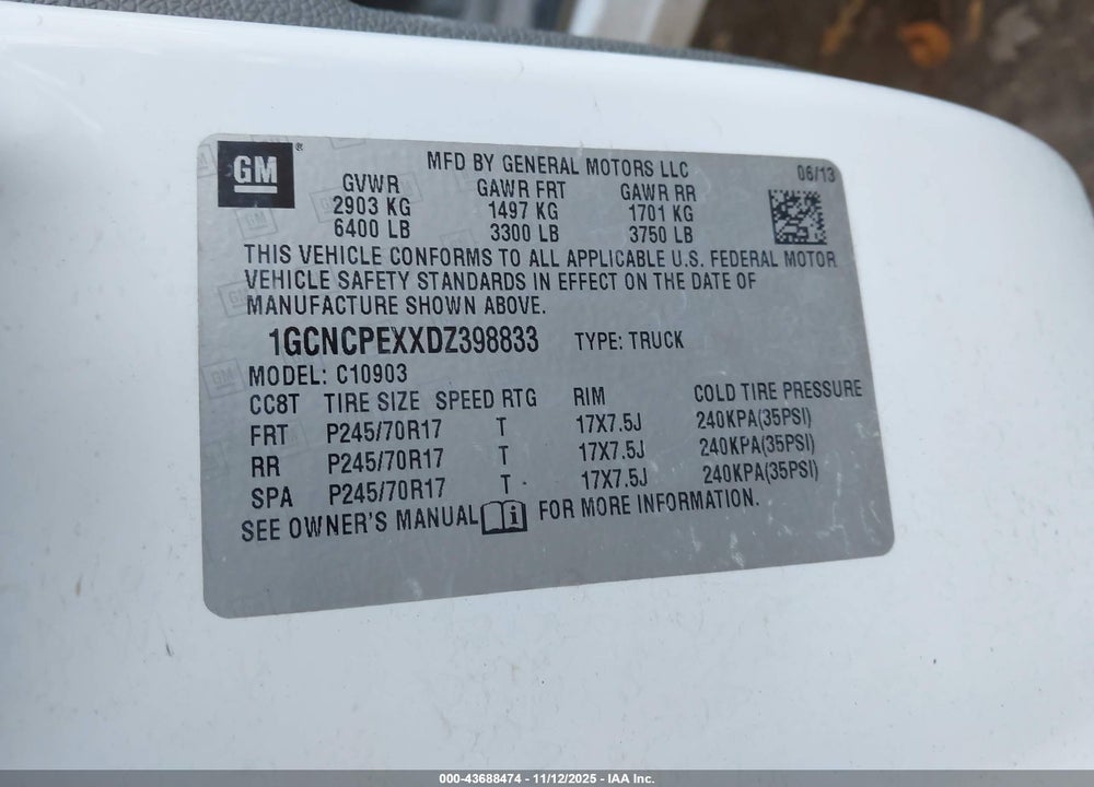 2013 CHEVROLET SILVERADO 1500 WORK TRUCK VIN: 1GCNCPEXXDZ398833