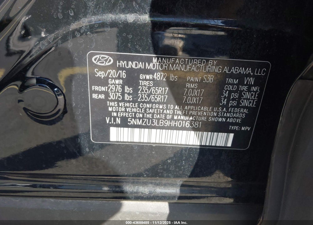 2017 HYUNDAI SANTA FE SPORT 2.4L VIN: 5NMZU3LB9HH016381