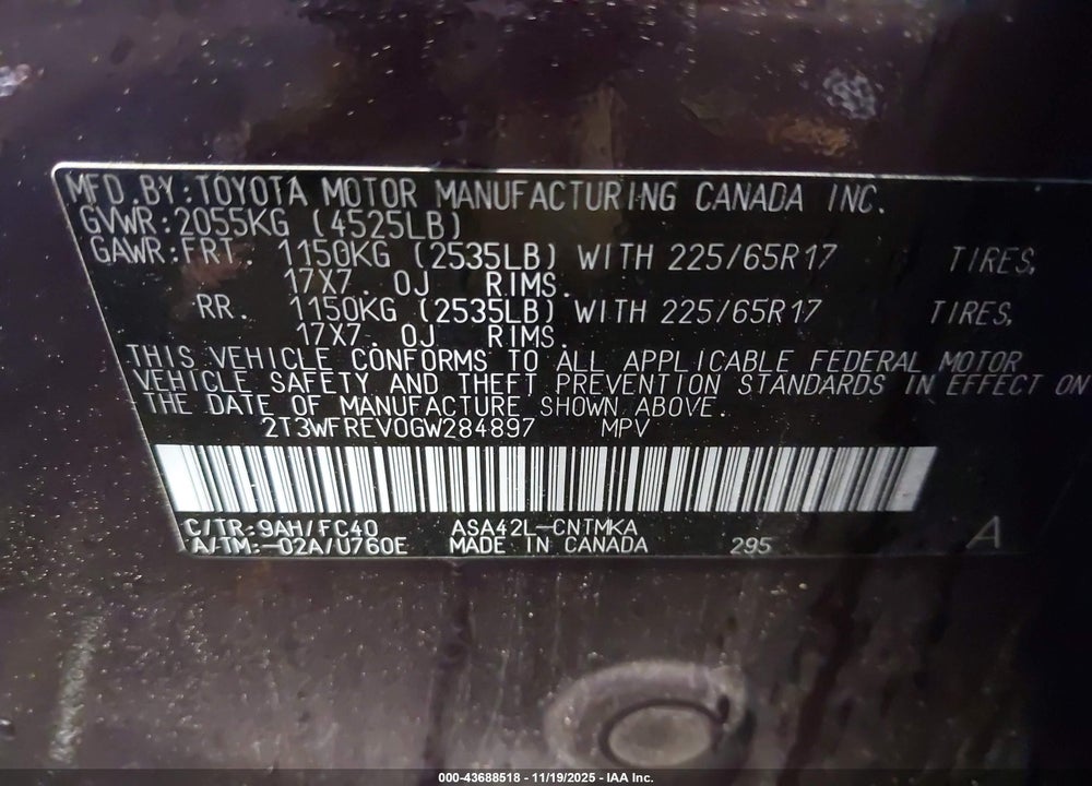 2016 TOYOTA RAV4 XLE VIN: 2T3WFREV0GW284897