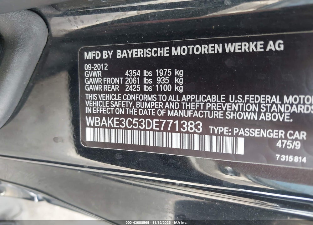 2013 BMW 328I VIN: WBAKE3C53DE771383