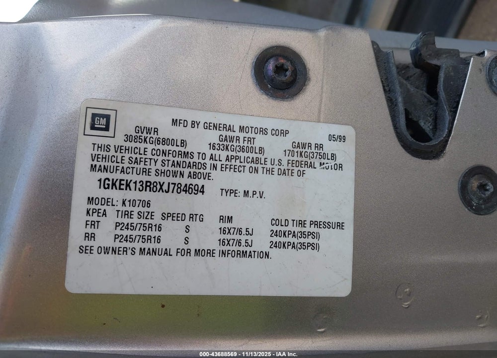 1999 GMC YUKON SLT CMI VIN: 1GKEK13R8XJ784694
