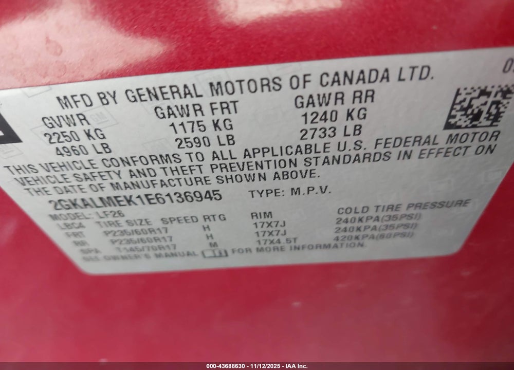 2014 GMC TERRAIN SLE-1 VIN: 2GKALMEK1E6136945