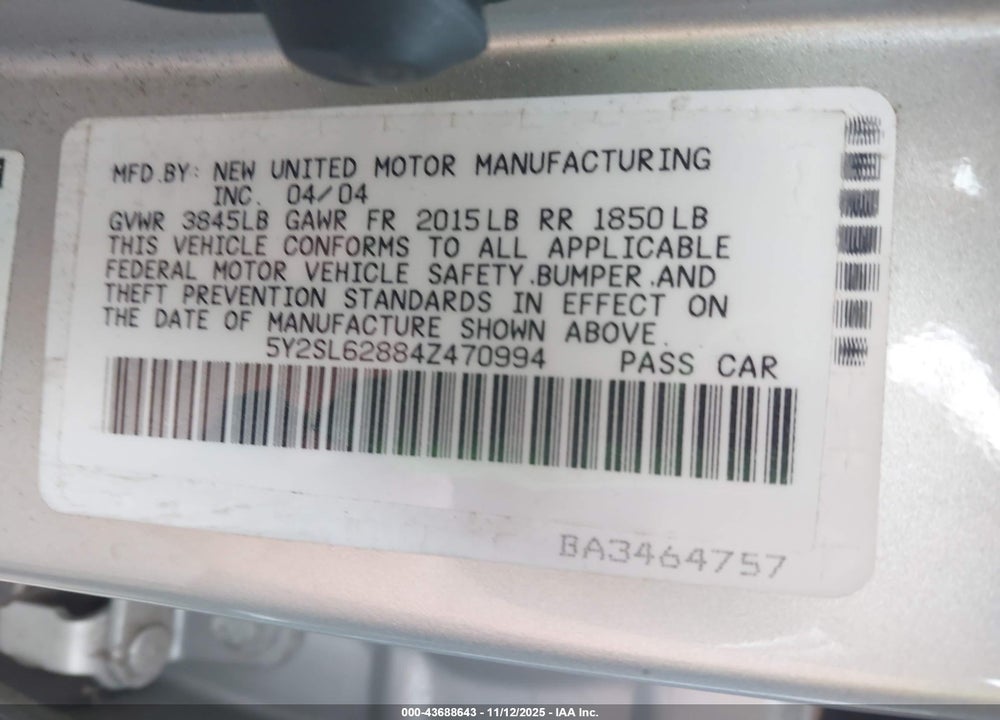 2004 PONTIAC VIBE VIN: 5Y2SL62884Z470994