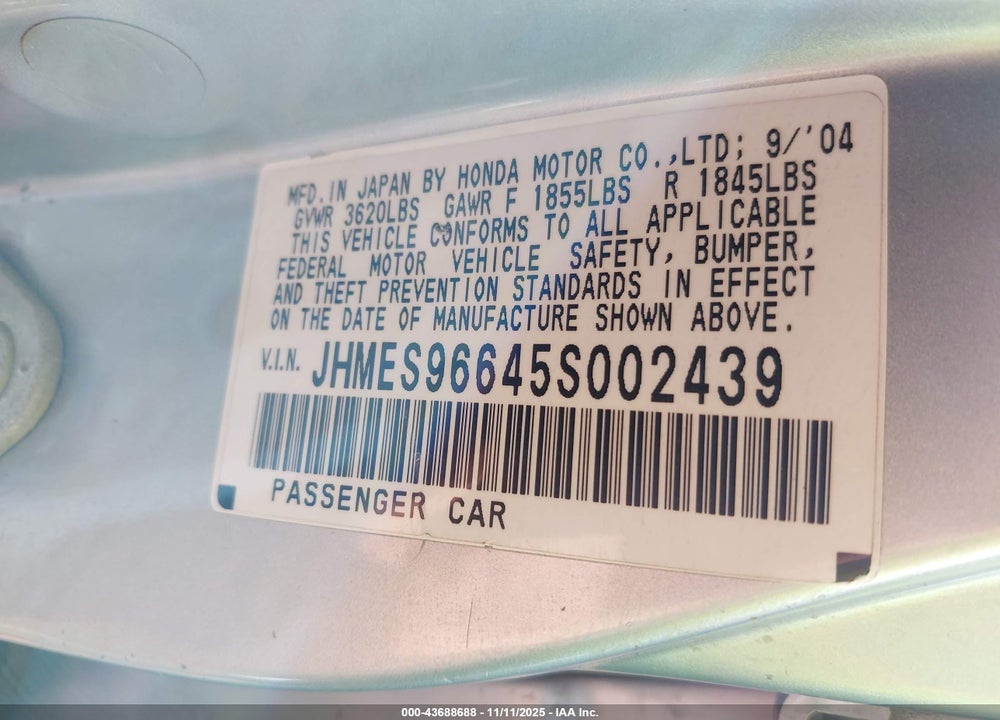 2005 HONDA CIVIC HYBRID VIN: JHMES96645S002439