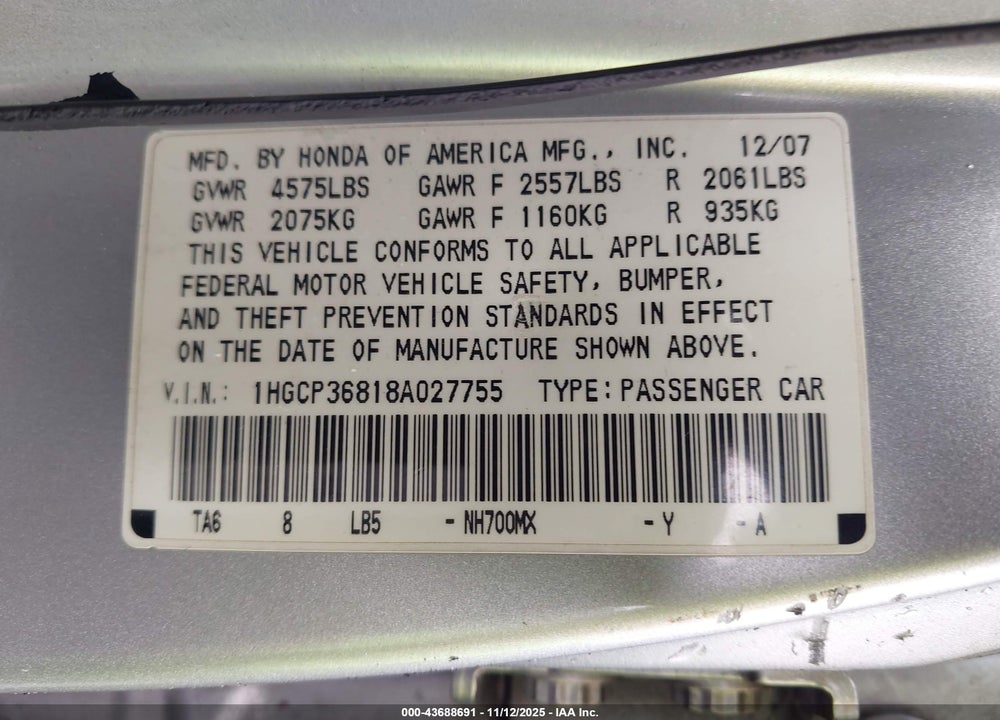 2008 HONDA ACCORD 3.5 EX-L VIN: 1HGCP36818A027755