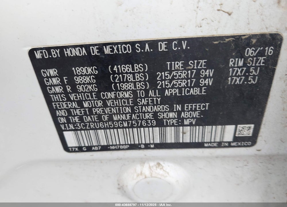 2016 HONDA HR-V VIN: 3CZRU6H59GM757639