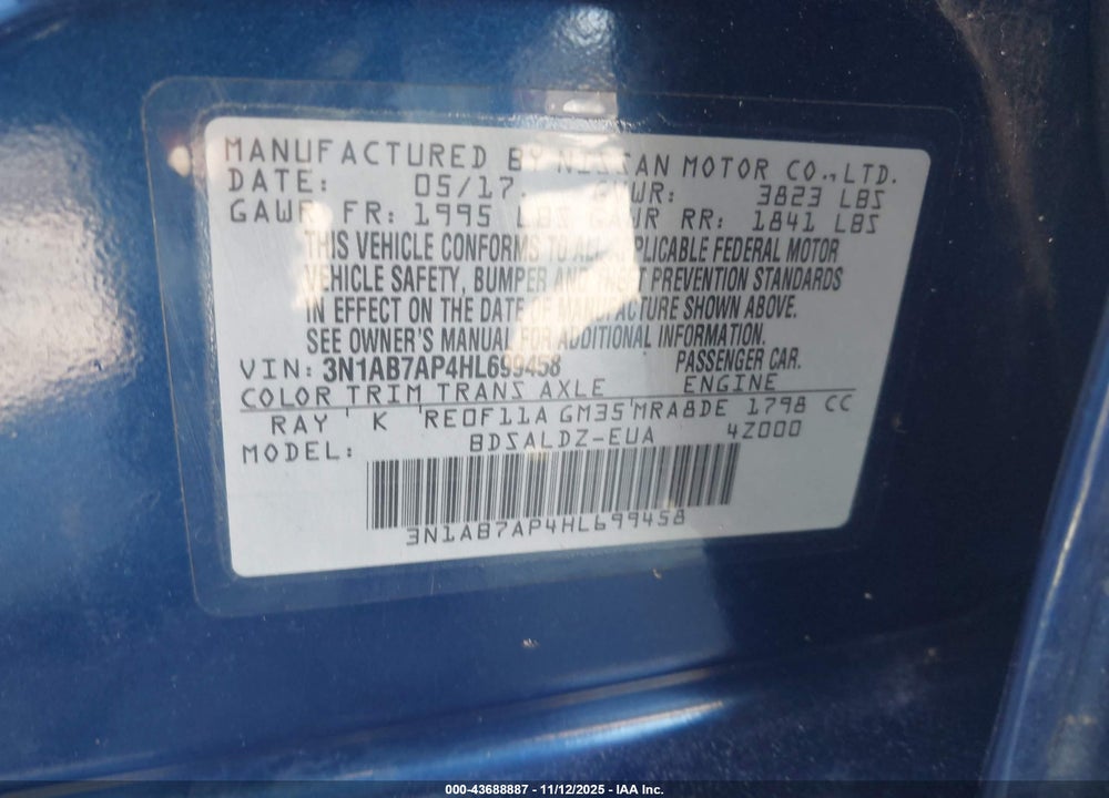 2017 NISSAN SENTRA VIN: 3N1AB7AP4HL699458