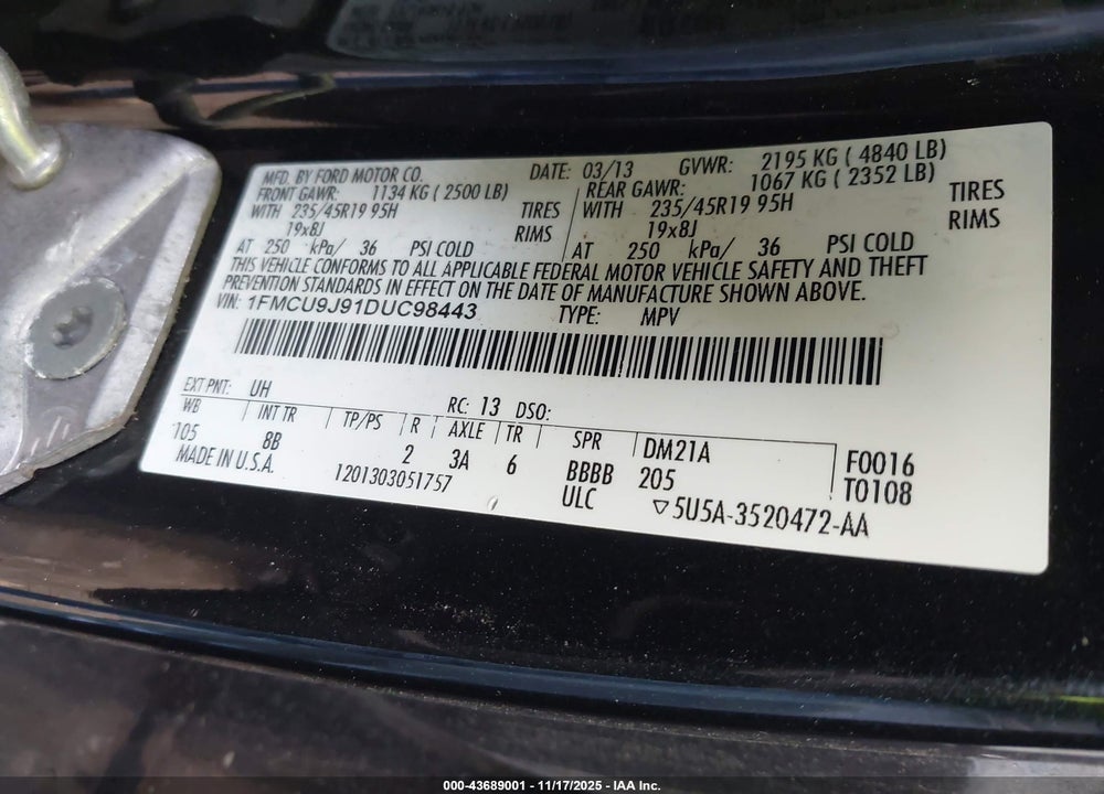 2013 FORD ESCAPE VIN: 1FMCU9J91DUC98443