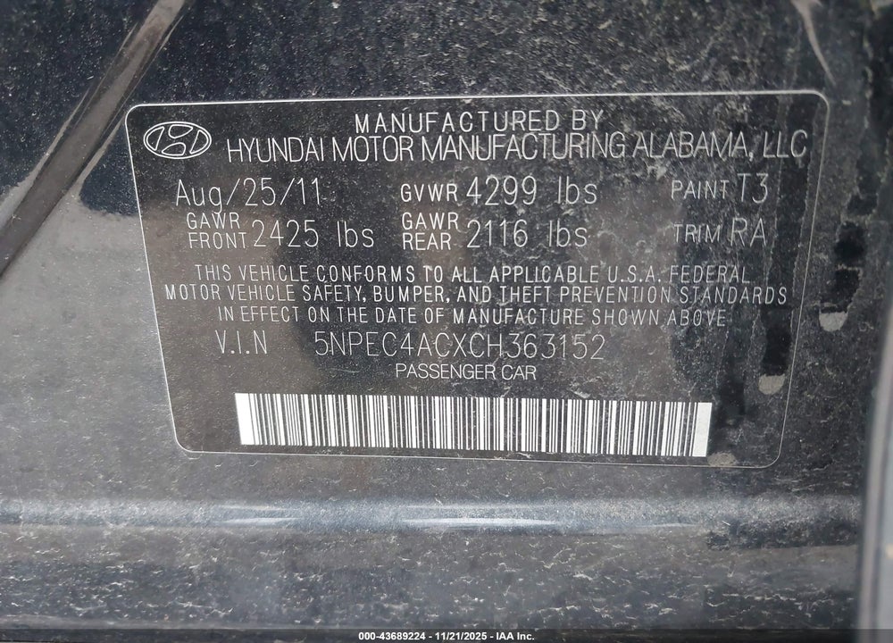 2012 HYUNDAI SONATA LIMITED VIN: 5NPEC4ACXCH363152