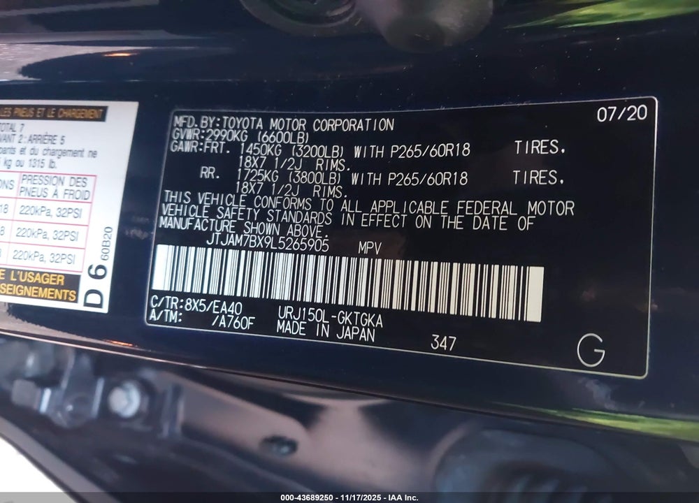 2020 LEXUS GX 460 VIN: JTJAM7BX9L5265905
