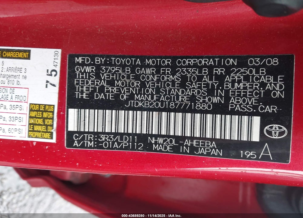 2008 TOYOTA PRIUS VIN: JTDKB20U187771880