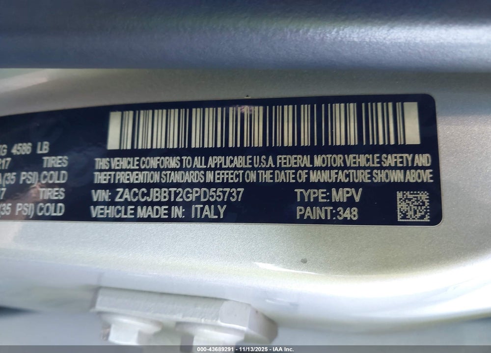 2016 JEEP RENEGADE LATITUDE VIN: ZACCJBBT2GPD55737