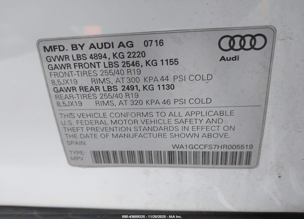 2017 AUDI Q3 2.0T PREMIUM VIN: WA1GCCFS7HR005519