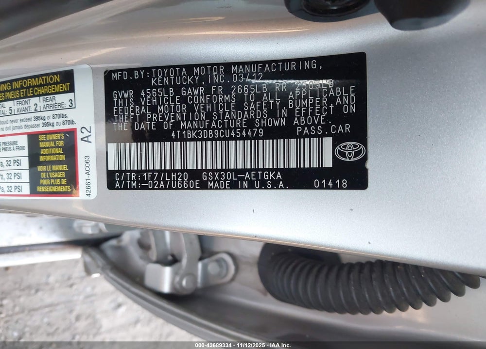 2012 TOYOTA AVALON VIN: 4T1BK3DB9CU454479