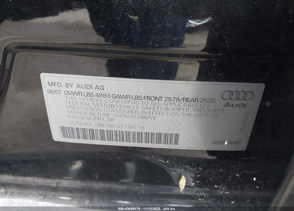 2008 AUDI A4 2.0T VIN: WAUKF78E58A019419