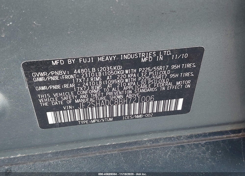 2011 SUBARU FORESTER VIN: JF2SHADC8BH721006
