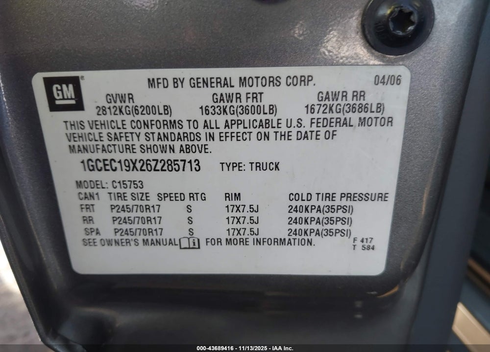 2006 CHEVROLET SILVERADO 1500 WORK TRUCK VIN: 1GCEC19X26Z285713