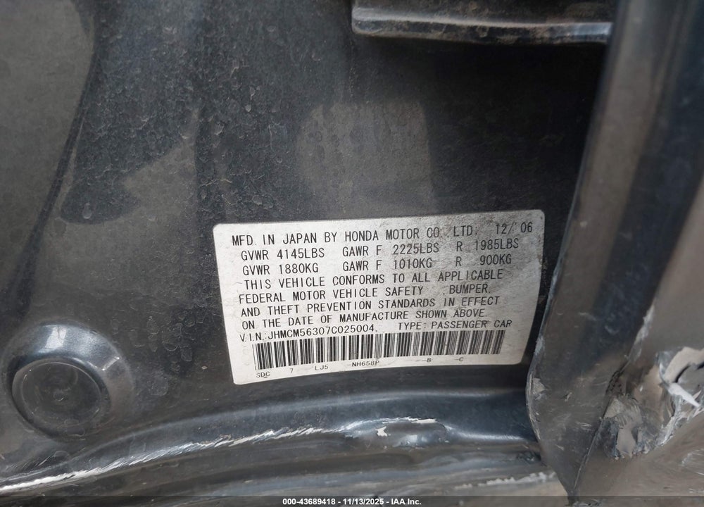 2007 HONDA ACCORD VIN: JHMCM56307C025004
