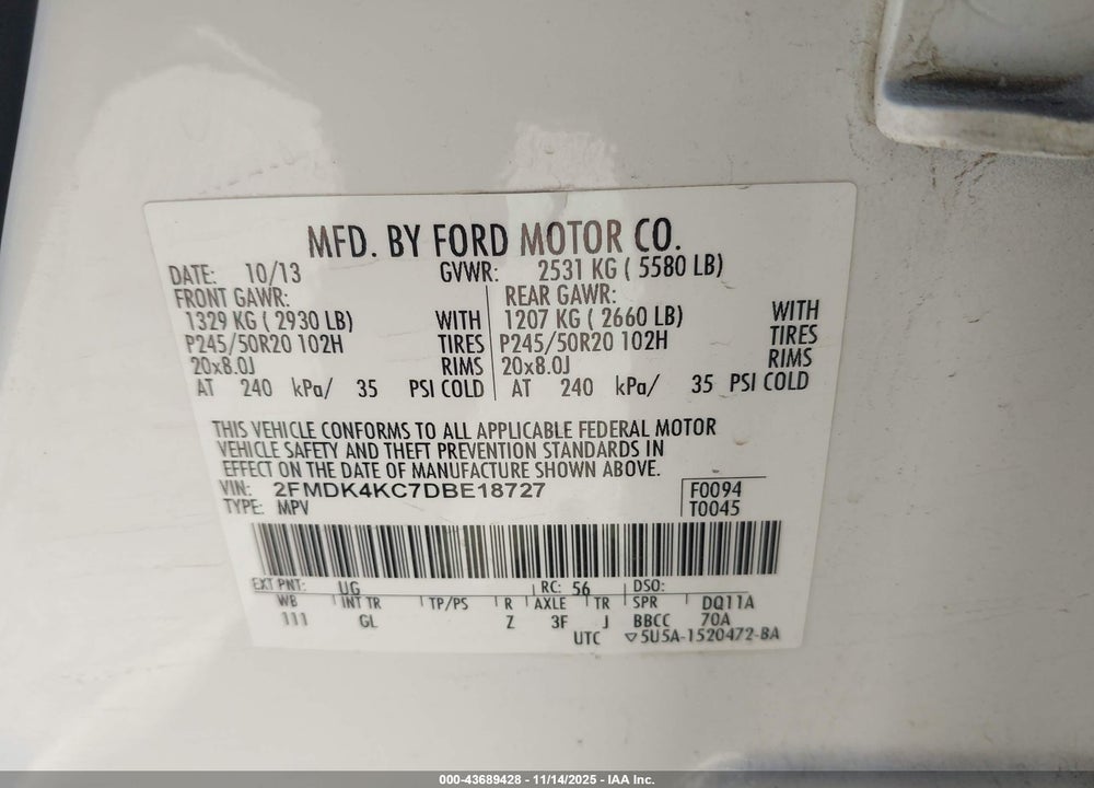 2013 FORD EDGE LIMITED VIN: 2FMDK4KC7DBE18727