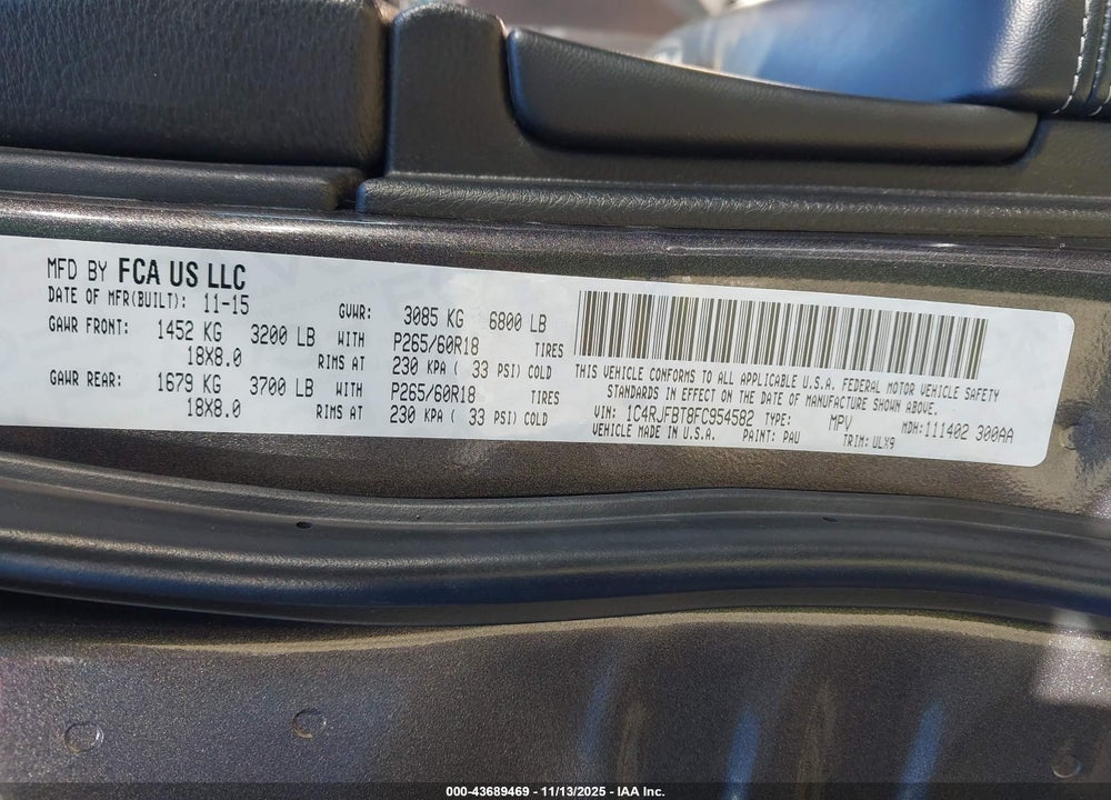 2015 JEEP GRAND CHEROKEE LIMITED VIN: 1C4RJFBT8FC954582